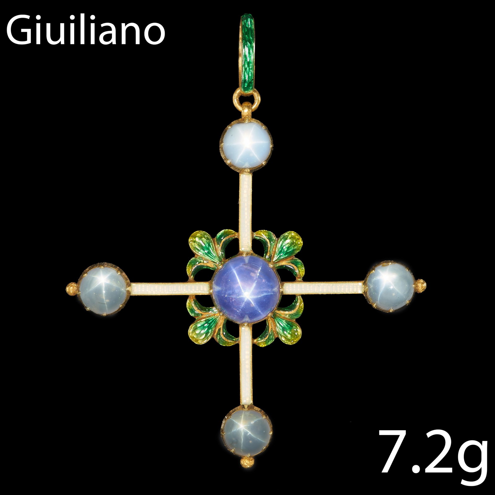 CARLO & ARTHUR GIULIANO, STAR SAPPHIRE AND ENAMEL PENDANT: CARLO & ARTHUR GIULIANO, STAR SAPPHIRE AND ENAMEL PENDANT,7.2 grams. High carat gold.Larger purpelish sapphire to the center.Sapphires totalling approx. 7.60 ct.Multi-colour enamel in good condition.M
