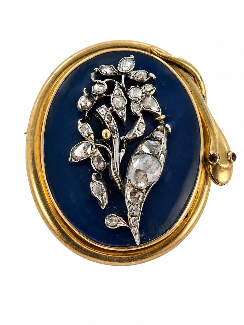 GOLD ANTIQUE DIAMOND AND ENAMEL SNAKE BROOCH: GOLD ANTIQUE DIAMOND AND ENAMEL SNAKE BROOCH 25 grams lively diamonds enamel in good condition locket back L 4.5 cm W 4 cm