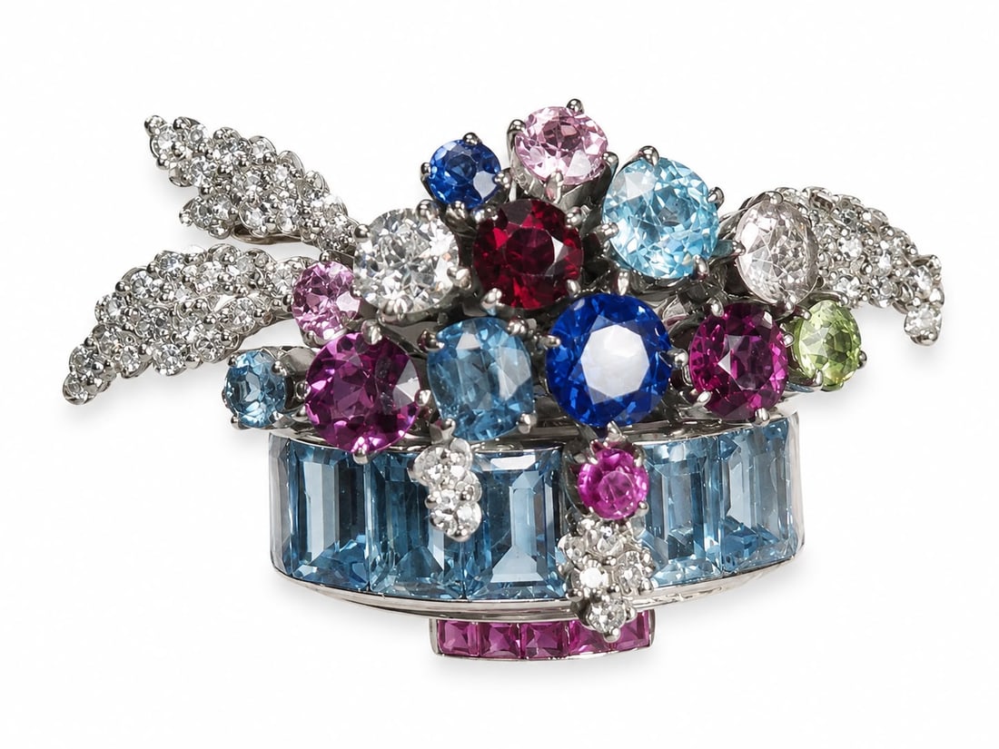 ALABASTER AND WILSON, DIAMOND AND MULTI GEMSTONE GIARDINETTO GOLD BROOCH: ALABASTER AND WILSON, DIAMOND AND MULTI GEMSTONE GIARDINETTO GOLD BROOCH,12.1 grams.Lovely bright and lively diamond.Well matched aquamarines, further set with stones including peridot, zircon and