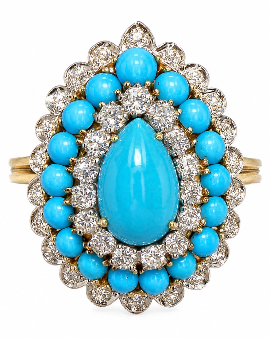 TURQUOISE AND DIAMOND PEAR SHAPE CLUSTER RING: TURQUOISE AND DIAMOND PEAR SHAPE CLUSTER RING,15.3 grams, testing 18 ct. gold.Of pear shape design.Set with a larger central turquoise, surrounded by a 3-halo design, alternated with diamonds and turq