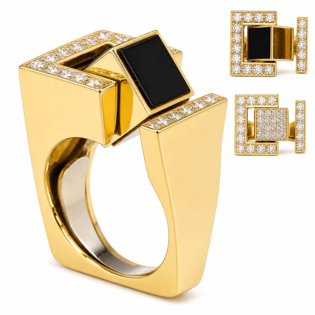 UNUSUAL RETRO DIAMOND AND HARDSTONE KINETIC RING: UNUSUAL RETRO DIAMOND AND HARDSTONE KINETIC RING,210.1 grams, testing high carat gold.The kinetic revolving cube set with diamonds, lapis lazuli, onyx and tigers eye.Further set with diamonds.Size K.