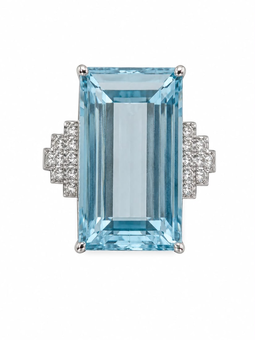 FINE AQUAMARINE AND DIAMOND RING: FINE AQUAMARINE AND DIAMOND RING,8.1 grams, testing 18 ct. gold.Rich and vibrant aquamarine of approx. 16 ct.Diamonds bright and lively.L. aquamarine 21.2 mm.Size P.