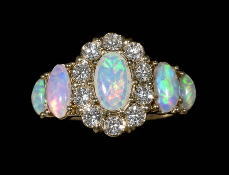 FINE ANTIQUE OPAL AND DIAMOND RING: FINE ANTIQUE OPAL AND DIAMOND RING,5.5 grams, testing 18 ct. gold.Rich and vibrant opals with good play of colour including red.Diamonds bright and lively.Size N 1/2.