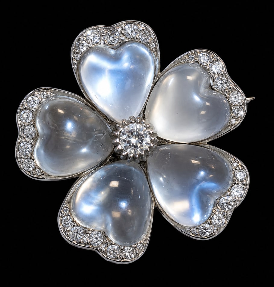 FINE ANTIQUE MOONSTONE AND DIAMOND FLORAL BROOCH: FINE ANTIQUE MOONSTONE AND DIAMOND FLORAL BROOCH,8.7 grams, testing high carat gold and silver.Rich and vibrant moonstones with blue shiller.Diamonds bright and lively.W. 2.7 cm.