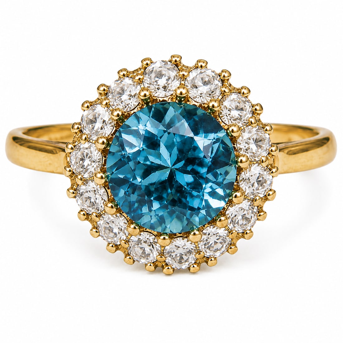 ZIRCON AND DIAMOND CLUSTER RING: ZIRCON AND DIAMOND CLUSTER RING,3.9 grams, 18 ct. gold.Rich and vibrant zircon of approx. 1.65 ct.Diamonds bright and lively.Size Q.
