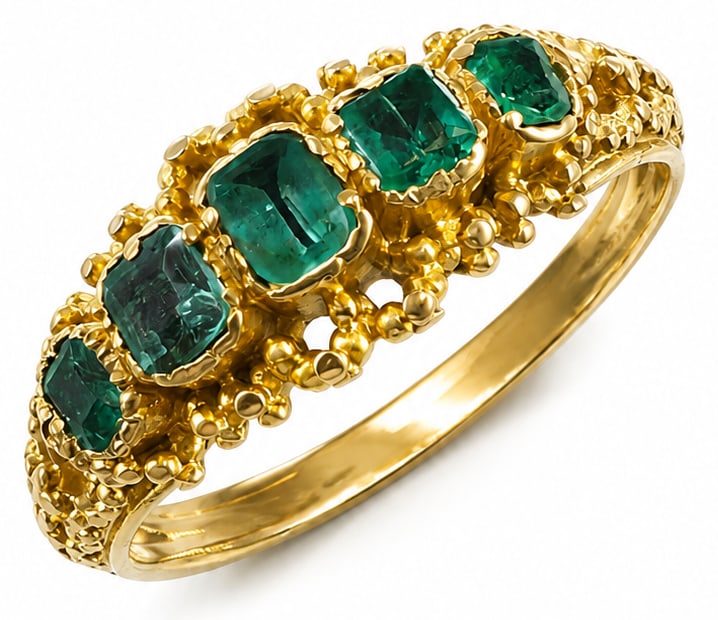 GEORGIAN EMERALD 5-STONE RING: GEORGIAN EMERALD 5-STONE RING,testing 18 ct. gold.Rich and vibrant emerald.Lovely detailed shank.Size N 1/2.