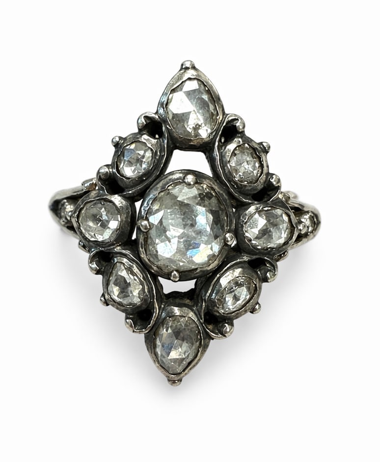 GEORGIAN DIAMOND CLUSTER RING: GEORGIAN DIAMOND CLUSTER RING,5,1 grams, testing high carat gold and silver.Bright and lively rose cut diamonds.Size L.