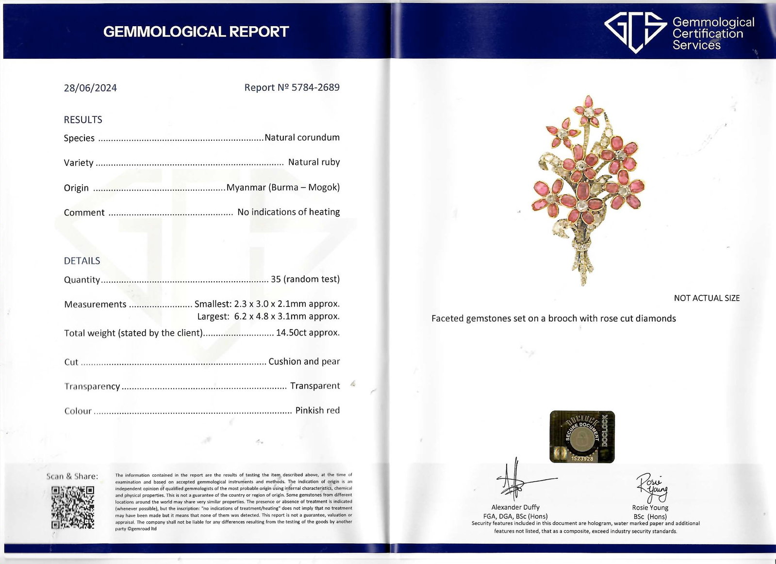 MAGNIFICENT VICTORIAN CERTIFICATED BURMA NO HEAT AND DIAMOND FLORAL BROOCH: MAGNIFICENT VICTORIAN CERTIFICATED BURMA NO HEAT AND DIAMOND FLORAL BROOCH 24.8 grams. gold back.Rich and vibrant rubies, approx. 14.50 ct. (Certificated, Burma, No Heat).Diamonds bright and lively. L