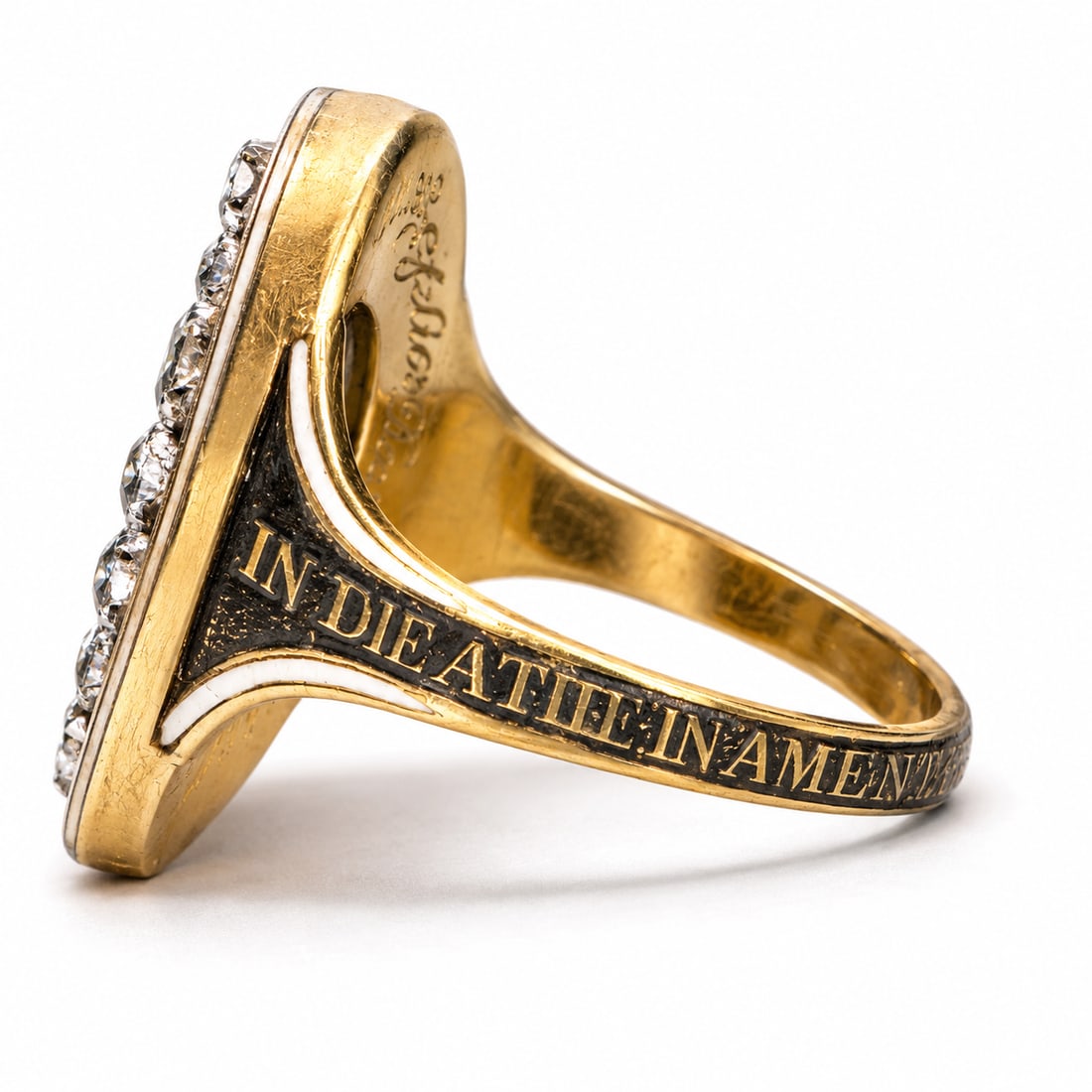 RARE GEORGE III DIAMOND AND ENAMEL URN RING: RARE GEORGE III DIAMOND AND ENAMEL URN RING 7.1 grams high carat gold dated 1794 lively diamonds enamel in great condition size N