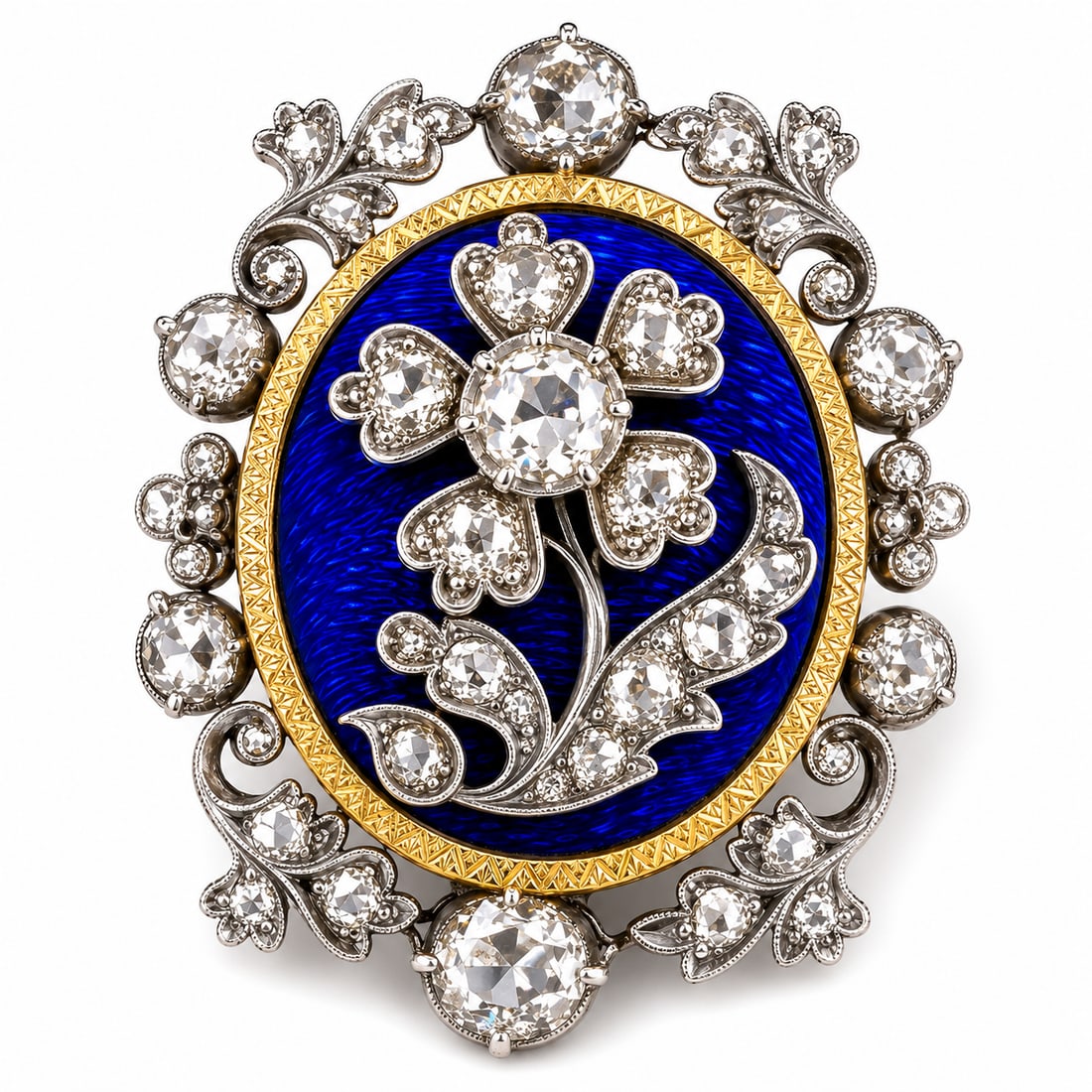 EARLY VICTORIAN ENAMEL AND DIAMOND BROOCH: EARLY VICTORIAN ENAMEL AND DIAMOND BROOCH,7.9 grams,18 ct. gold.Bright and lively diamonds,.L. 3.4 cm.