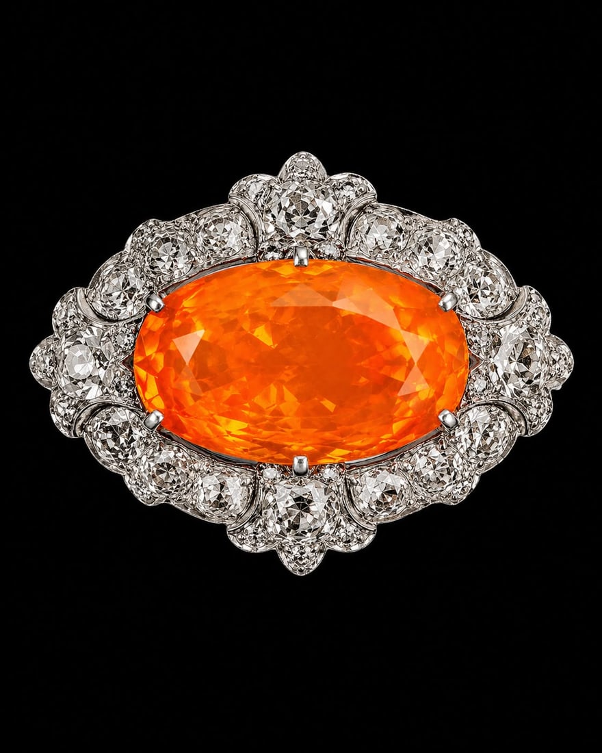 EDWARDIAN FIRE OPAL AND DIAMOND BROOCH: EDWARDIAN FIRE OPAL AND DIAMOND BROOCH,8.9 grams, testing platinum.Rich and vibrant fire opal of approx. 19 ct.Diamonds bright and lively, totalling approx. 4 ct.W. 3.3 cm.