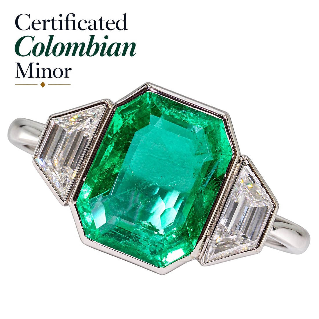 CERTIFICATED COLOMBIAN EMERALD AND DIAMOND 3-STONE RING: CERTIFICATED COLOMBIAN EMERALD AND DIAMOND 3-STONE RING,3,2 grams, testing platinum.Rich and vibrant emerald of approx. 2.37 ct. (Certificated, Colombian, Minor).Diamonds bright and lively.Size N
