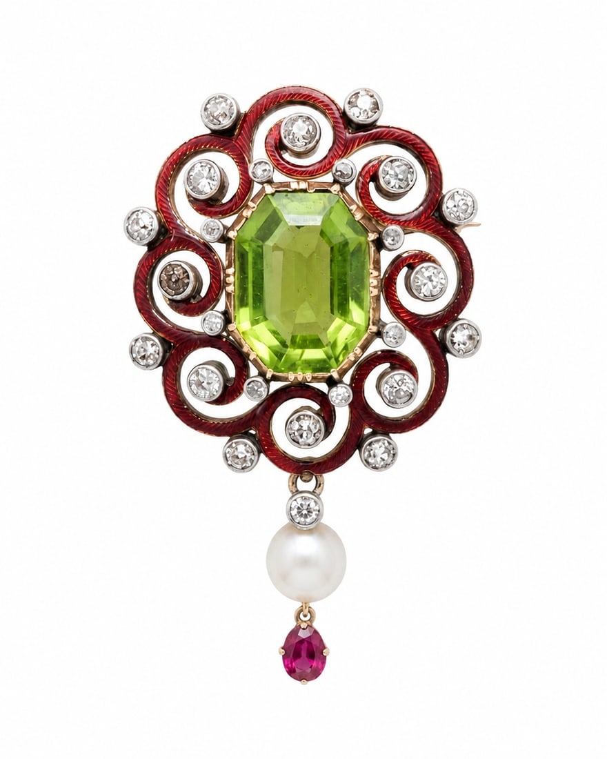 RENAISSANCE REVIVAL PERIDOT ENAMEL DIAMOND AND PEARL BROOCH: RENAISSANCE REVIVAL PERIDOT ENAMEL DIAMOND AND PEARL BROOCH,9.2 grams, testing 18 ct. gold.Rich and vibrant peridot of approx. 4.50 ct.Diamonds bright and lively.Lovely red enamel.Pearl untested