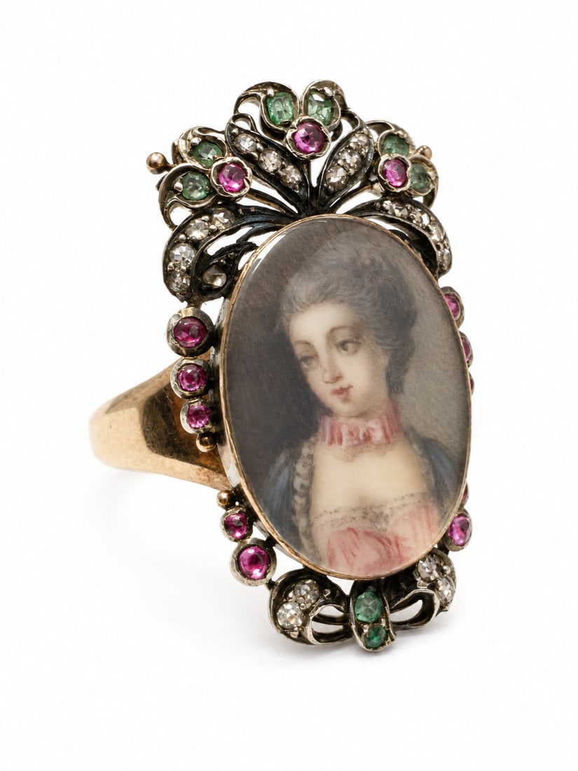 FINE ANTIQUE PORTRAIT MINIATURE, RUBY EMERALD AND DIAMOND RING (1 of 1)