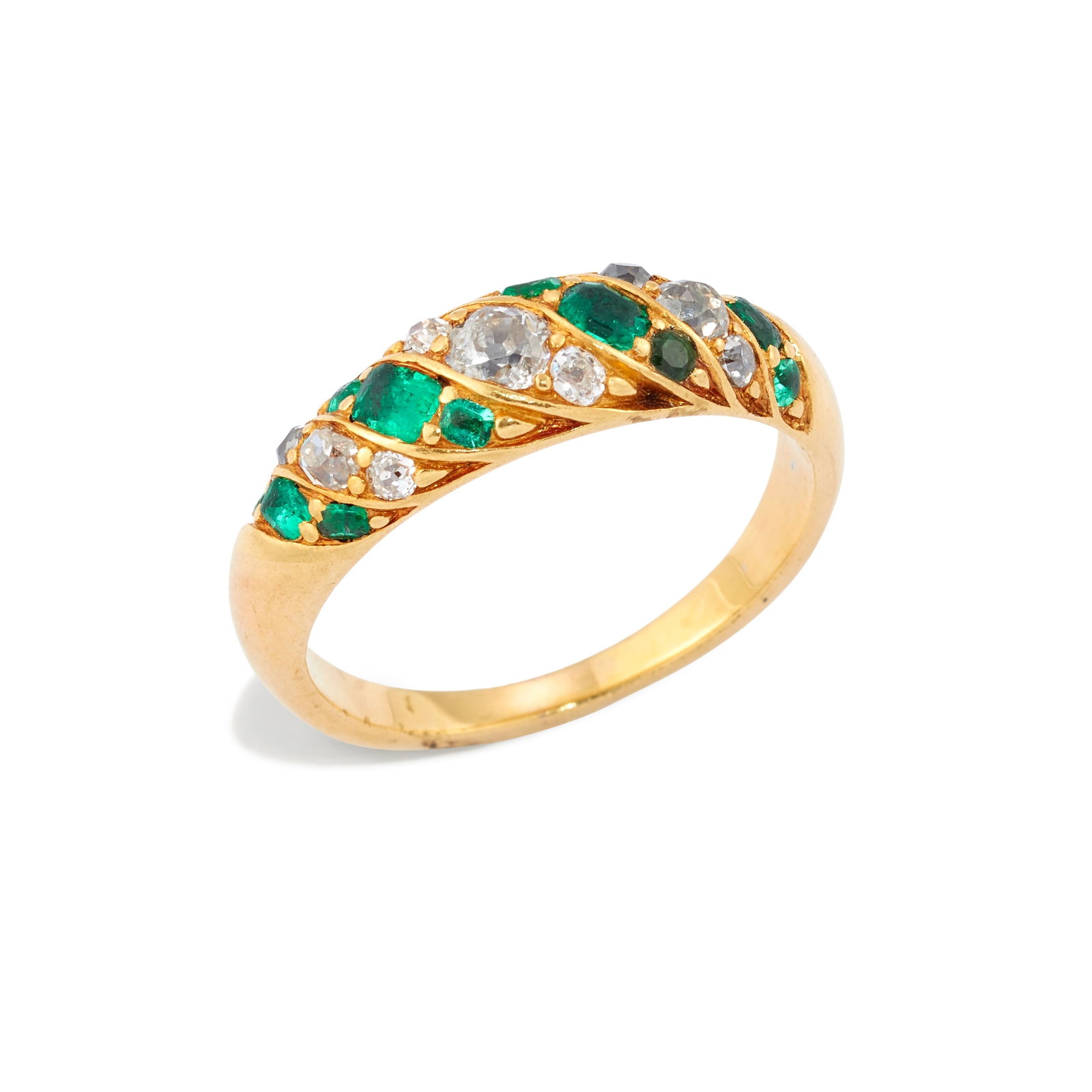 FINE VICTORIAN EMERALD AND DIAMOND DRESS RING: FINE VICTORIAN EMERALD AND DIAMOND DRESS RING 2.9 grams, testing 18 ct. gold.rich vivid matching emeralds bright lively old cut diamonds size K in excellent condition