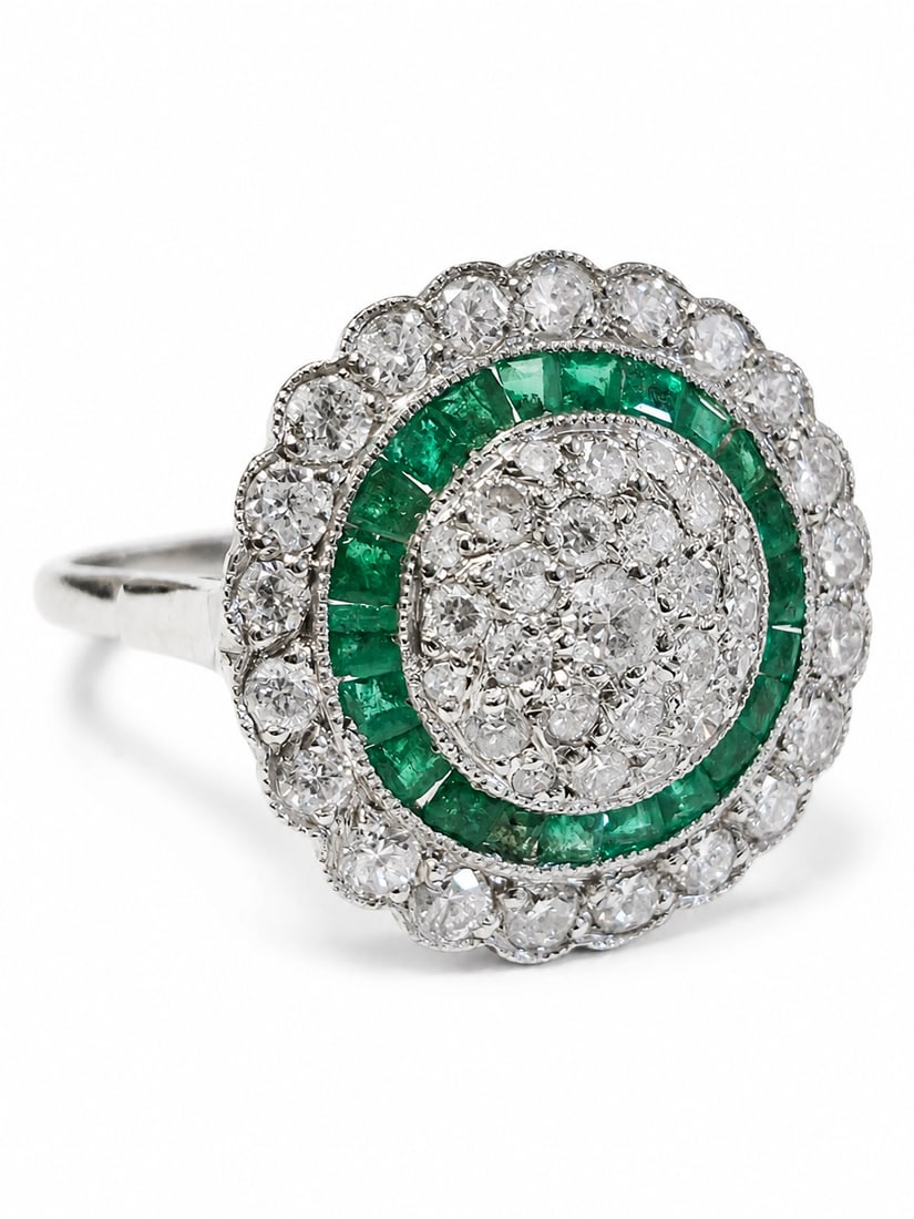 ART-DECO EMERALD AND DIAMOND RING: ART-DECO EMERALD AND DIAMOND RING,5,2 grams, testing high carat gold.Diamonds bright and lively.Vibrant calibre cut emeralds.Size Q 1/2