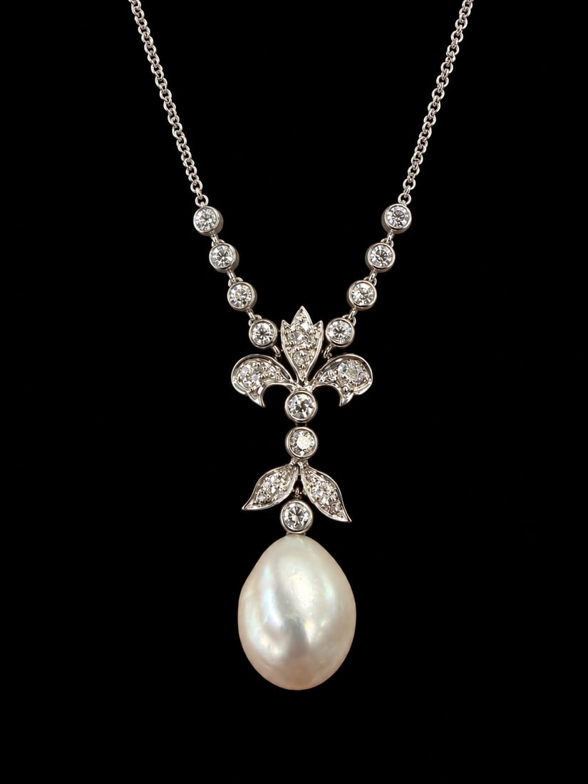 CERTIFICATED, NATURAL SALTWATER PEARL AND DIAMOND PENDANT NECKLACE: CERTIFICATED, NATURAL SALTWATER PEARL AND DIAMOND PENDANT NECKLACE,6.1 grams, testing 18 ct. gold.Set with a large pearl of approx. 12.0 x 9.6 x 9.5 mm, stated at 7.27 ct. (Certificated, Natural