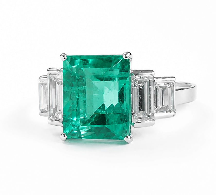 CERTIFICATED EMERALD AND DIAMOND RING: CERTIFICATED EMERALD AND DIAMOND RING,3,6 grams, testing 18 ct. gold.Rich and vibrant emerald of approx. 3.73 ct. (Certificated, Russian, Minor).Diamonds bright and lively.Size P 1/2.See certificate