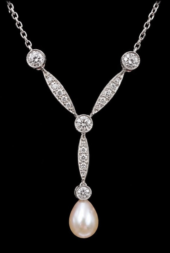 CERTIFICATED NATURAL PEARL AND DIAMOND PENDANT NECKLACE: CERTIFICATED NATURAL PEARL AND DIAMOND PENDANT NECKLACE,5,7 grams, testing 18 ct. gold.Pearl of approx. 7.5 x 5.6 x 5.6 mm. (certificated, Natural saltwater.).Diamonds bright and lively.L. 46 cm.See c