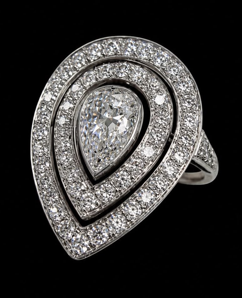 EDWARDIAN DIAMOND CLUSTER RING: EDWARDIAN DIAMOND CLUSTER RING,5,5 grams, testing high carat gold.Larger pear shaped diamond of approx. 8.1 x 5.7 x 3.08 mm. estimated approx. 0.90 ct.Diamonds bright and lively.L. head 2.2 cm.Size M.