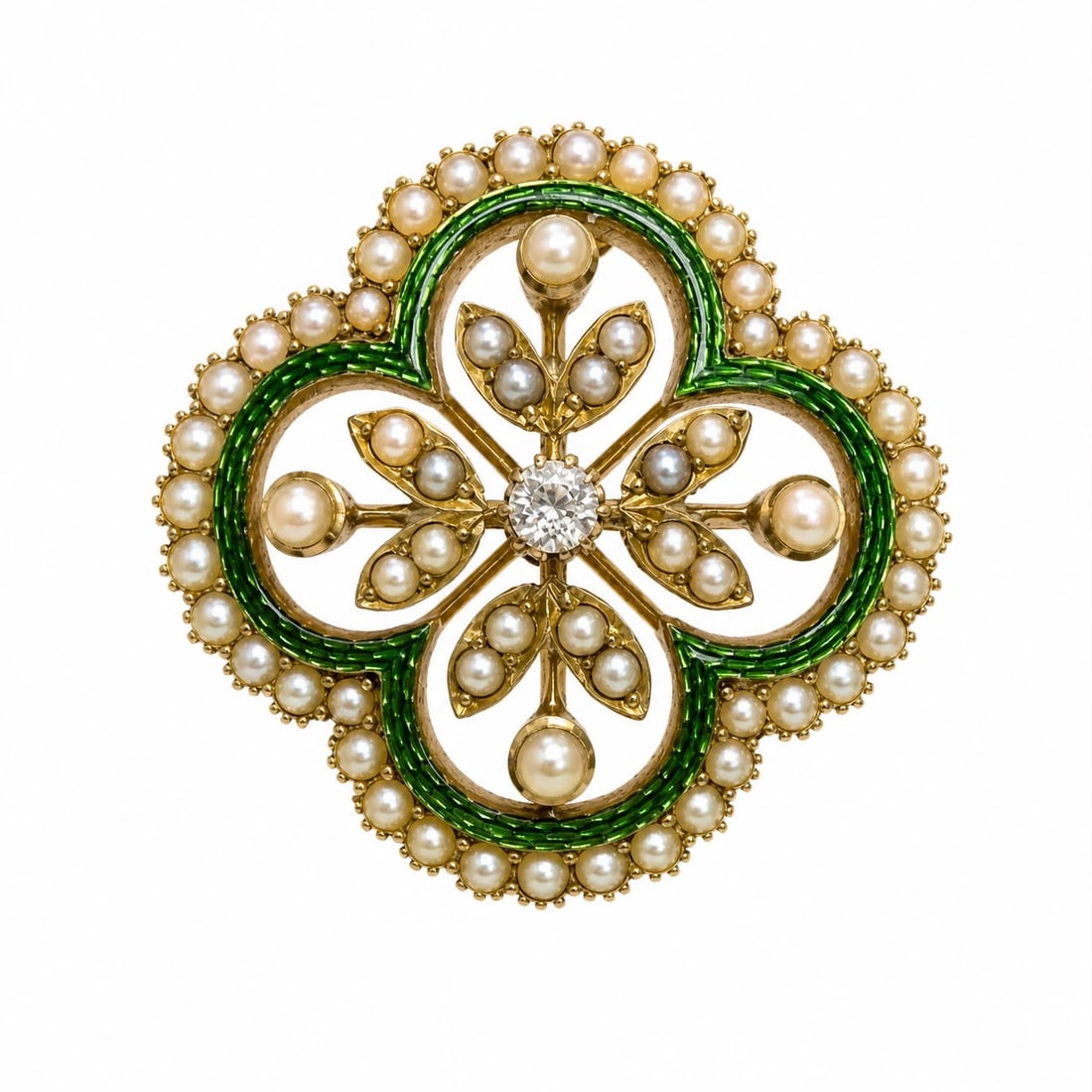 EDWARDIAN ENAMEL, PEARL AND DIAMOND BROOCH: EDWARDIAN ENAMEL, PEARL AND DIAMOND BROOCH,6.6 grams, 15 ct. gold.With and vibrant enamel.Lovely pearls.Bright and lively diamond.Diam. 2.5 cm.