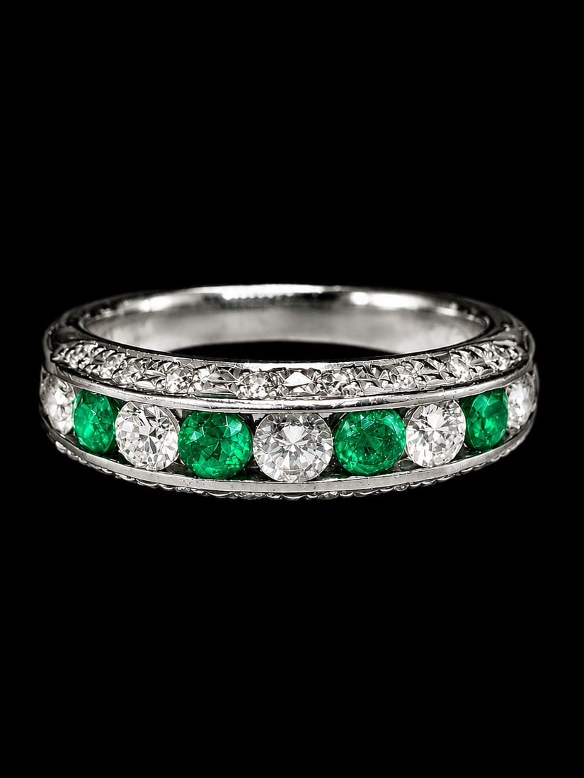 EMERALD AND DIAMOND RING: EMERALD AND DIAMOND RING,7 grams, testing platinum.Rich and vibrant emeralds.Diamonds bright and lively.Size. J.