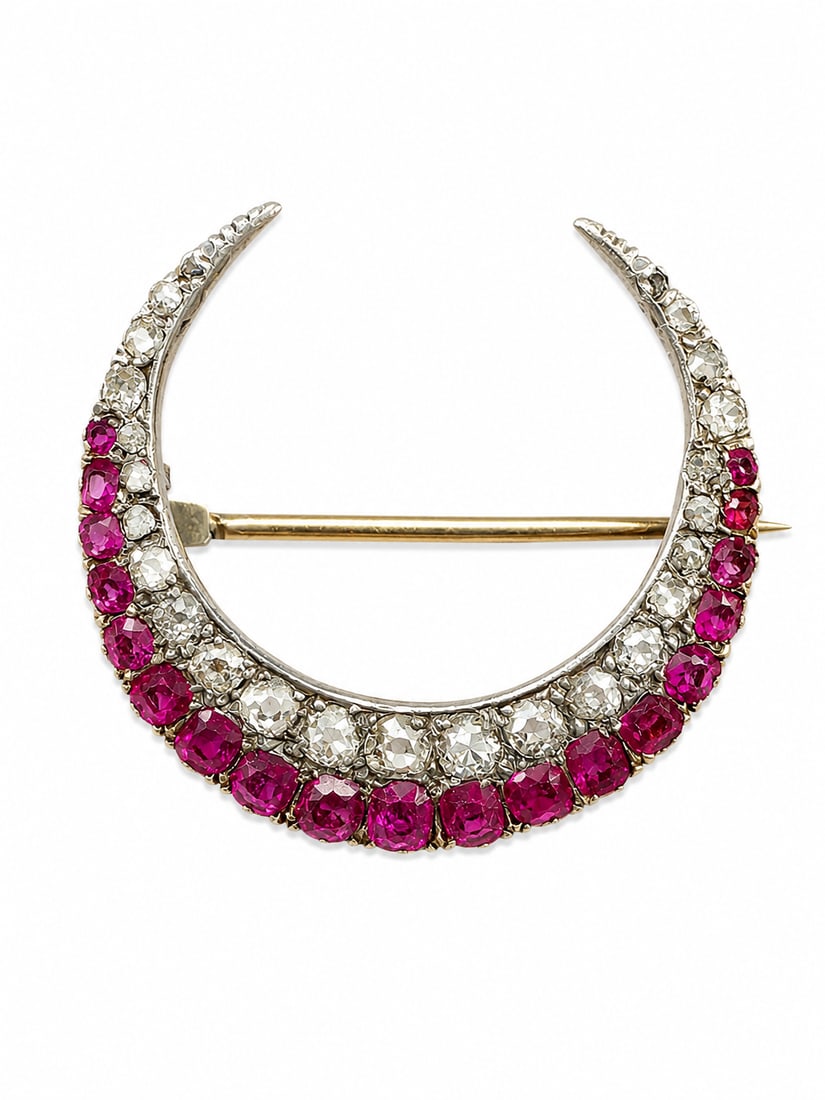 ANTIQUE RUBY AND DIAMOND CRESCENT BROOCH: ANTIQUE RUBY AND DIAMOND CRESCENT BROOCH,4 grams, testing high carat gold.Rich and vibrant rubies.Diamonds bright and lively.W. 2.5 cm.