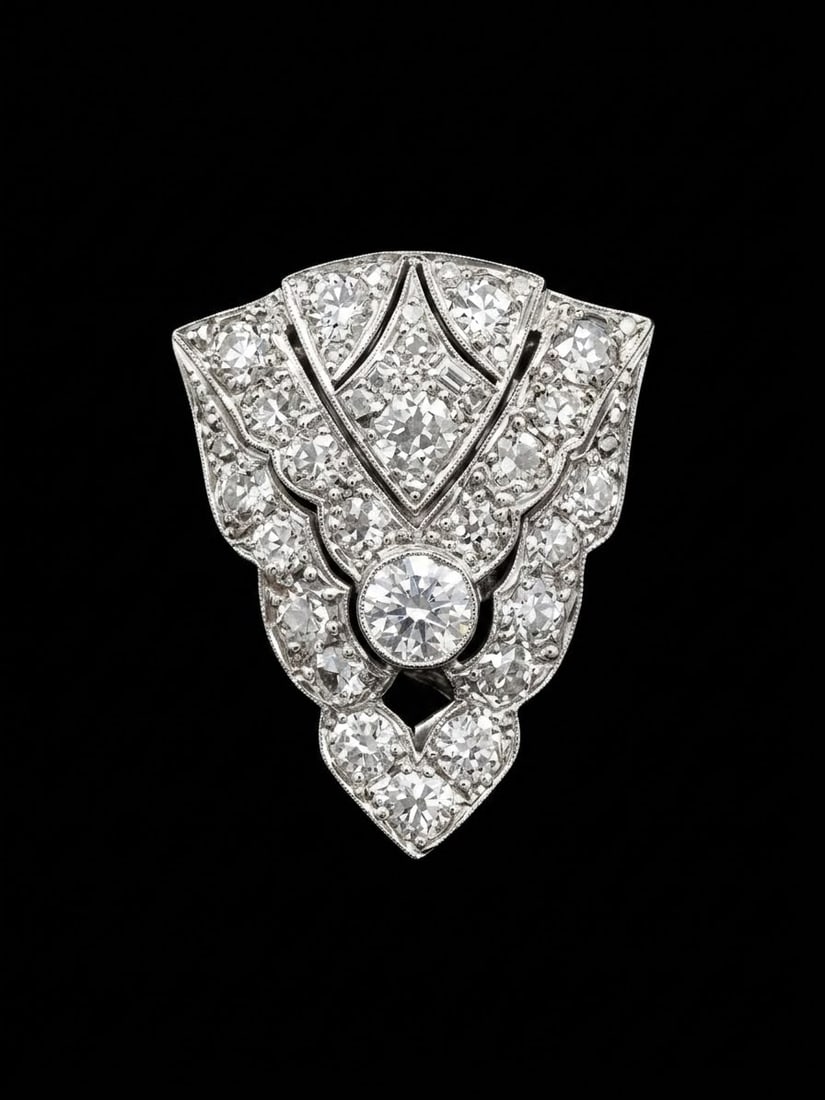 ART-DECO DIAMOND CLIP BROOCH: ART-DECO DIAMOND CLIP BROOCH,8.5 grams, testing platinum.Bright and lively diamonds, totalling approx. 4.10 ct.L. 3.1 cm.Fitted case.
