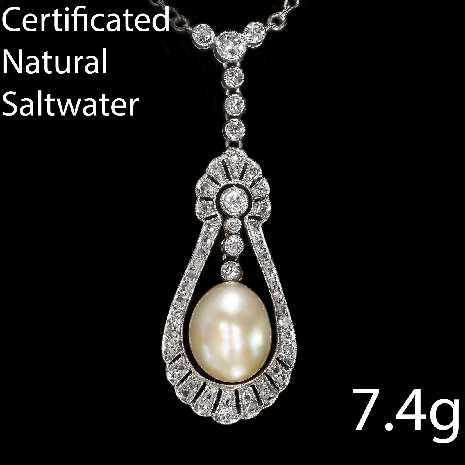 BELLE EPOQUE CERTIFICATED NATURAL SALTWATER PEARL AND DIAMOND PENDANT NECKLACE: BELLE EPOQUE CERTIFICATED NATURAL SALTWATER PEARL AND DIAMOND PENDANT NECKLACE,7.4 grams, Testing as platinum.Large pearl of approx. 10.3 x 8.5 x 8.4 mm. (certificated, Natural, saltwater).Diamonds