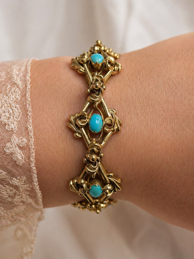 VICTORIAN TURQUOISE BRACELET: VICTORIAN TURQUOISE BRACELET,21 grams, testing 15 ct. gold.Vibrant turquoise.The links with lovely relief decoration.L., 19.5 cm.