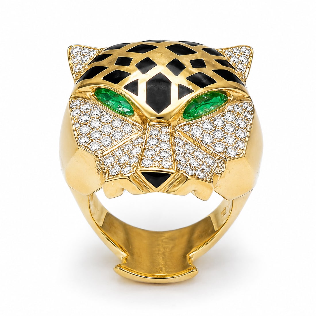 CARTIER STYLE DIAMOND AND EMERALD PANTHER RING: CARTIER STYLE DIAMOND AND EMERALD PANTHER RING,26.3 grams, testing 18 ct. gold.Bright and lively diamonds.Rich and vibrant emeralds.Size N.