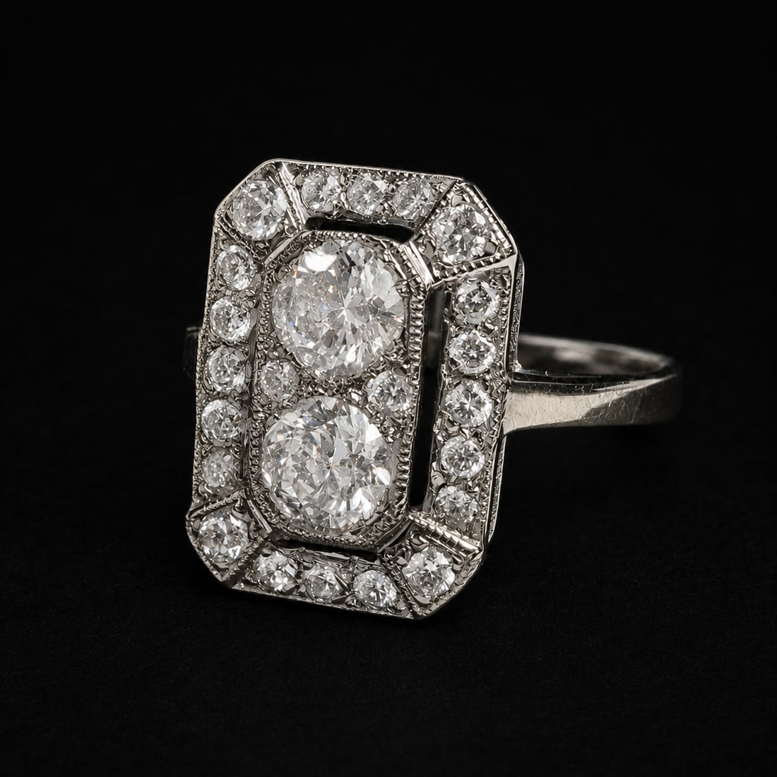 ART-DECO DESIGN DIAMOND CLUSTER RING: ART-DECO DESIGN DIAMOND CLUSTER RING,3,4 grams, testing 18 ct. gold.Diamonds bright and lively.Size K 1/2.