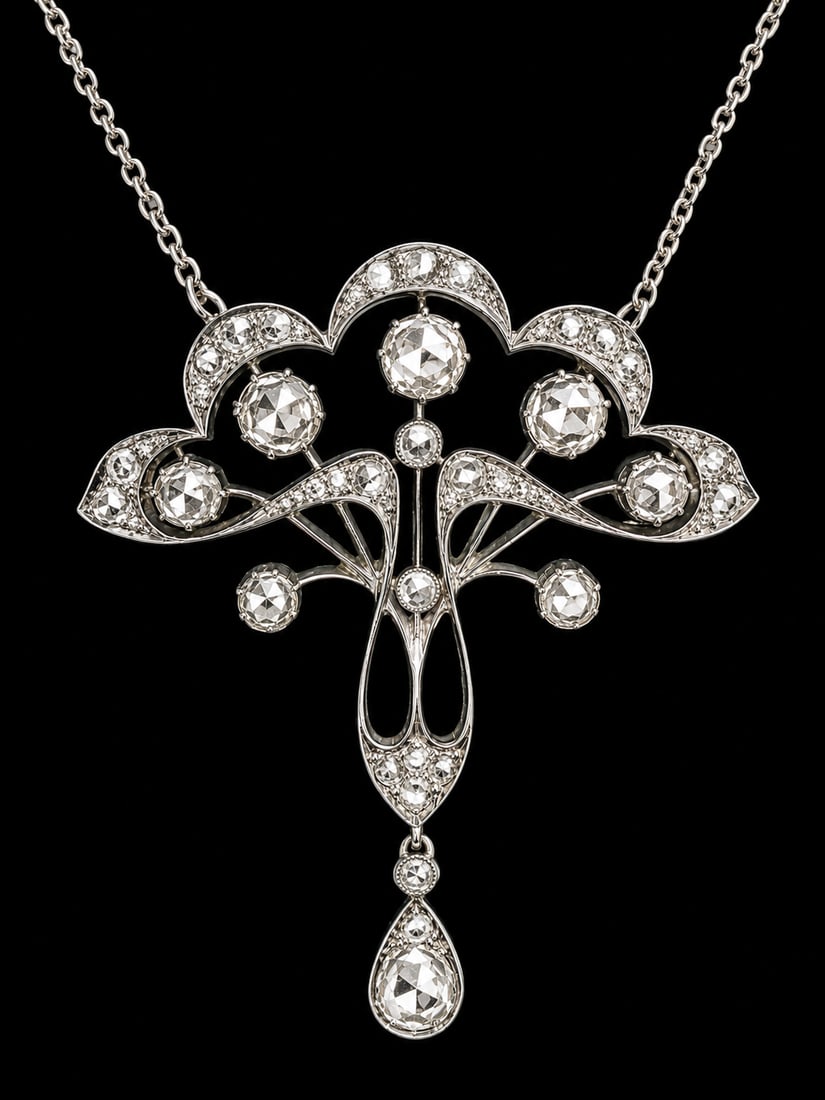 EDWARDIAN DIAMOND PENDANT NECKLACE: EDWARDIAN DIAMOND PENDANT NECKLACE,9.1 grams, testing high carat gold.Diamonds bright and lively, totalling approx. 2.50 ct.L. pendant 4.3 cm.L. necklace 43 cm.