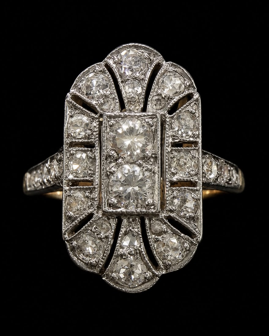 ART-DECO DIAMOND CLUSTER RING: ART-DECO DIAMOND CLUSTER RING,3.1 grams, testing 18 ct. gold and platinum.Bright and lively diamonds.Size O 1/2.