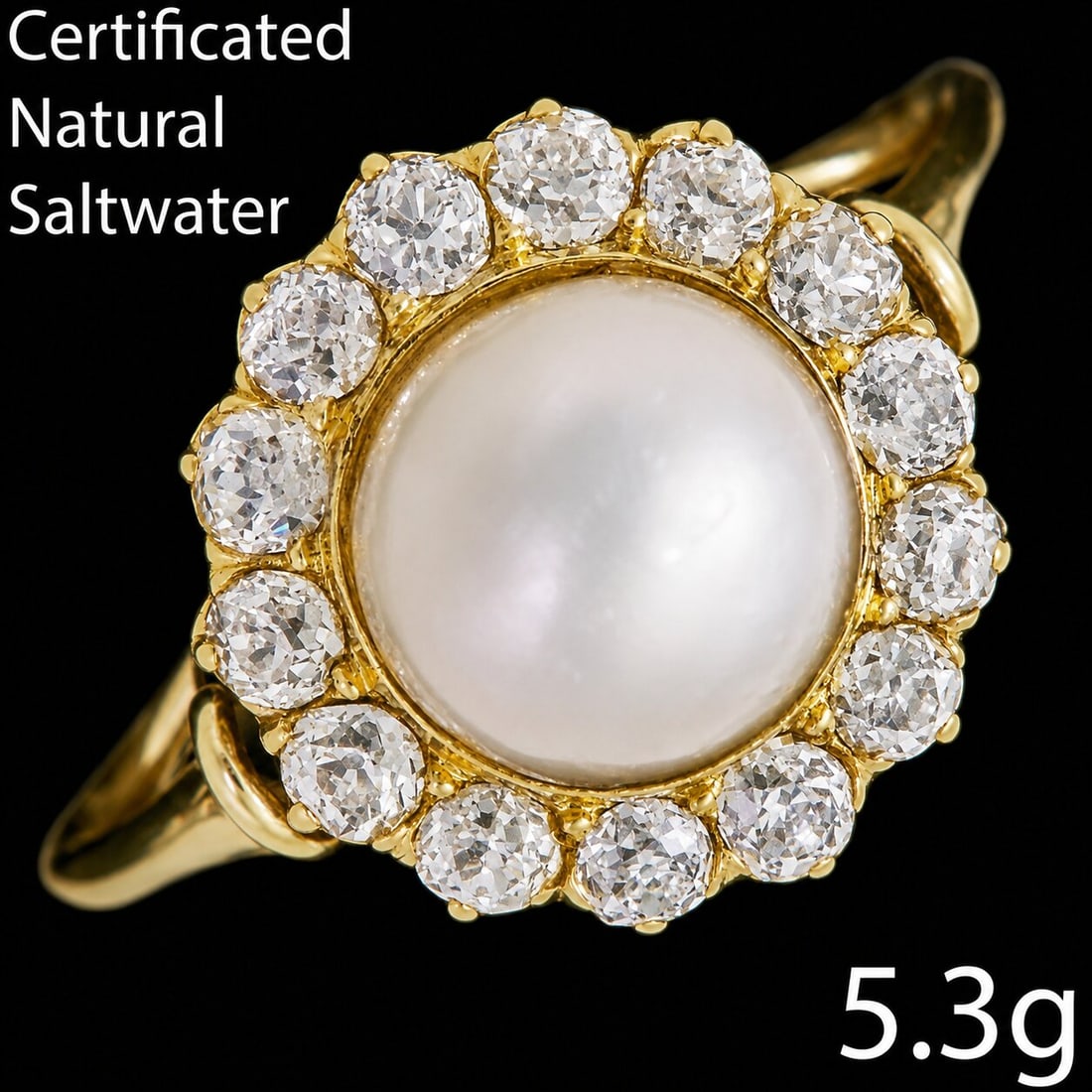 CERTIFICATED NATURAL SALTWATER PEARL AND DIAMOND CLUSTER RING: CERTIFICATED NATURAL SALTWATER PEARL AND DIAMOND CLUSTER RING4.2 grams high carat gold fine natural saltwater pearl bright lively old cut diamonds approx 1.45 ct size K fine craftsmanship for