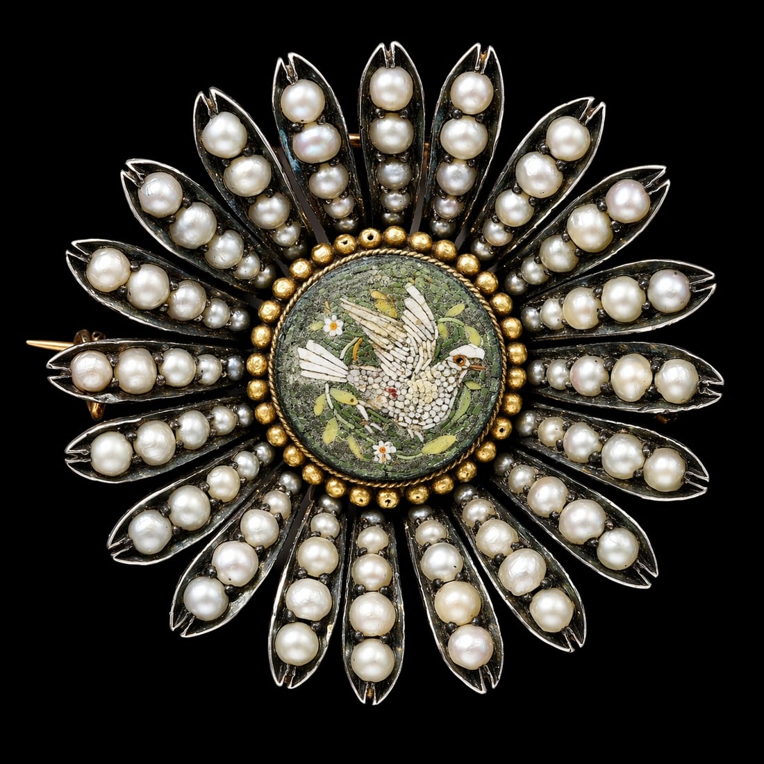 UNUSUAL VICTORIAN MICRO MOSAIC AND PEARL FLORAL BROOCH: UNUSUAL VICTORIAN MICRO MOSAIC AND PEARL FLORAL BROOCH,18.3 grams, testing high carat gold and silver.The centre with a lovely micro mosaic depicting a dove.The flower petals all set with