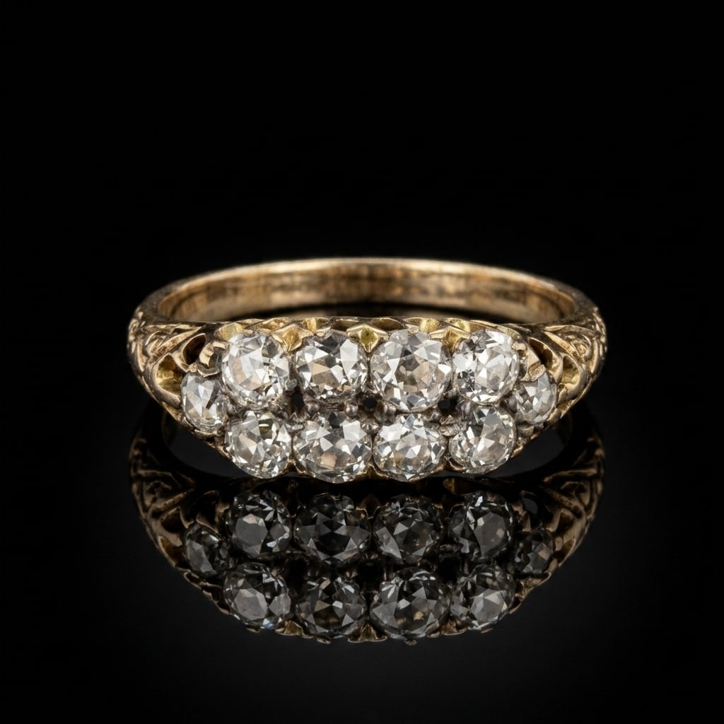 DIAMOND DOUBLE ROW RING: DIAMOND DOUBLE ROW RING,3,5 grams, 18 ct. gold.Diamonds bright and lively, totalling approx. 1.20 ct.Size N.