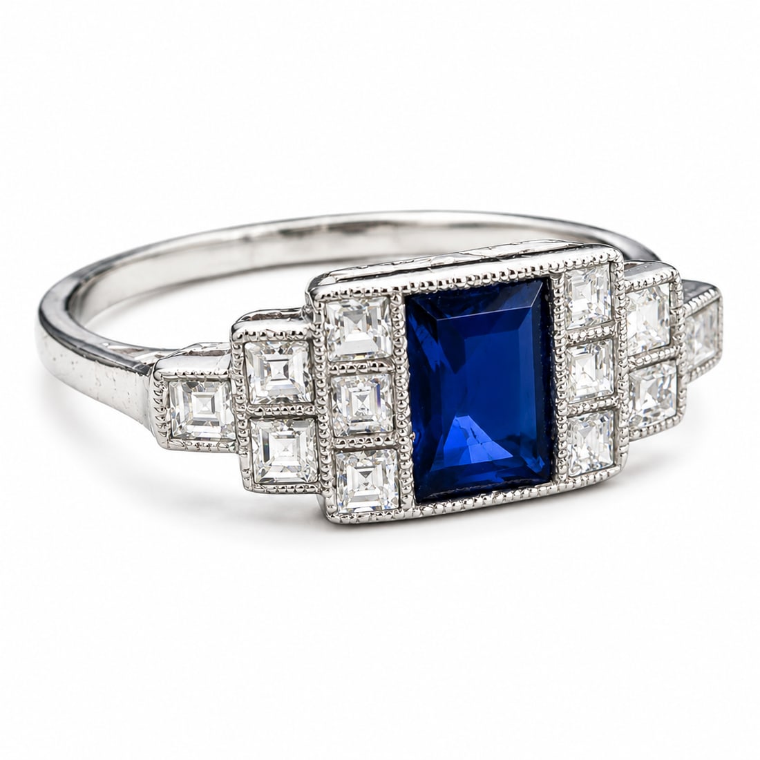 ART-DECO SAPPHIRE AND DIAMOND RING: ART-DECO SAPPHIRE AND DIAMOND RING,test platinum.Rich and vibrant sapphire.Diamonds bright and lively.Size K 1/2.