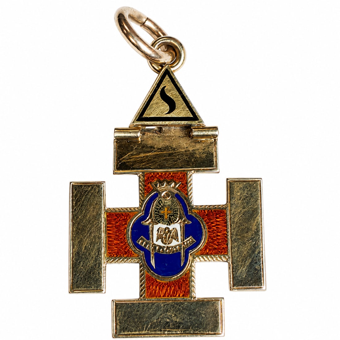 FINE ANTIQUE GOLD MASONIC PENDAN: FINE ANTIQUE GOLD MASONIC PENDANT20 grams, testing 18 ct. gold.enamel in great condition fine craftsmanship L 4.8 cm W 2.5 cm
