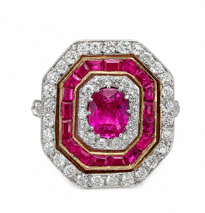 CERTIFICATED ART-DECO BURMA MOGOK RUBY AND DIAMOND CLUSTER RING (1 of 1)