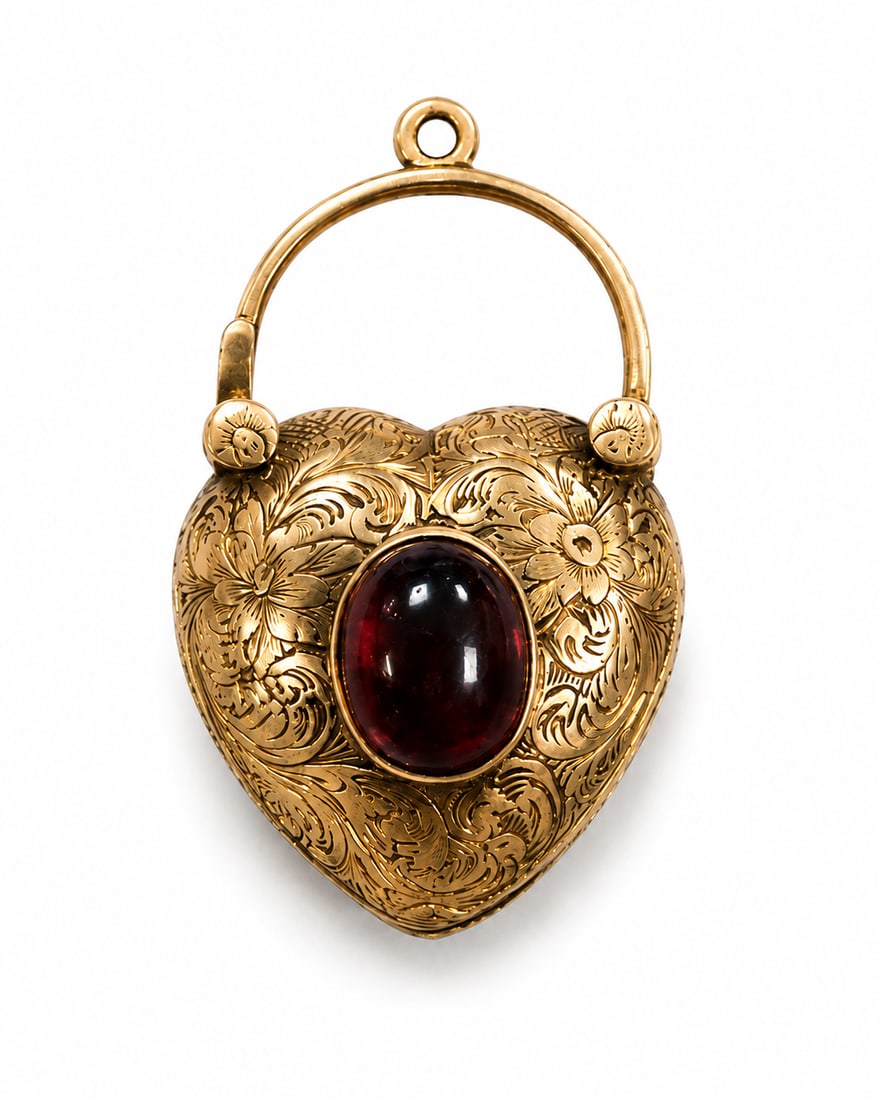 VICTORIAN GARNET HEART LOCKET PADLOCK: VICTORIAN GARNET HEART LOCKET PADLOCK,5,3 grams, testing high carat gold.Rich and vibrant garnet.Locket back.L. 3.6 cm.