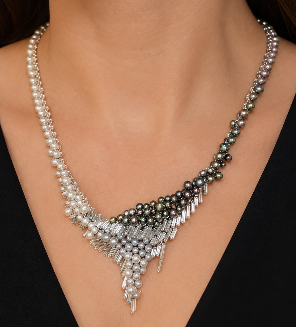 FANTASTIC PEARL AND DIAMOND NECKLACE: FANTASTIC PEARL AND DIAMOND NECKLACE,47 grams, testing 18 ct. gold.Set with a mix of white, grey and black pearls (untested).Bright and lively diamonds.L. 39.5 cm.Fitted case.