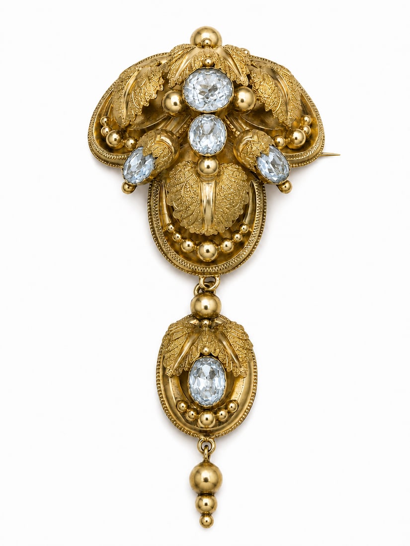 VICTORIAN AQUAMARINE BROOCH: VICTORIAN AQUAMARINE BROOCH,9.2 grams, testing high carat gold. Lovely 3-dimensional floral design.Bottom drop removable.L. 7,4 cm.