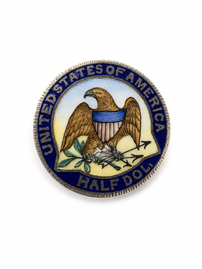 UNUSUAL ENAMELED USA HALF DOLLAR BROOCH, 1873.: UNUSUAL ENAMELED USA HALF DOLLAR BROOCH, 1873.10.9 grams.The front decorated with multi-colour enamel.Diam. 3.1 cm.