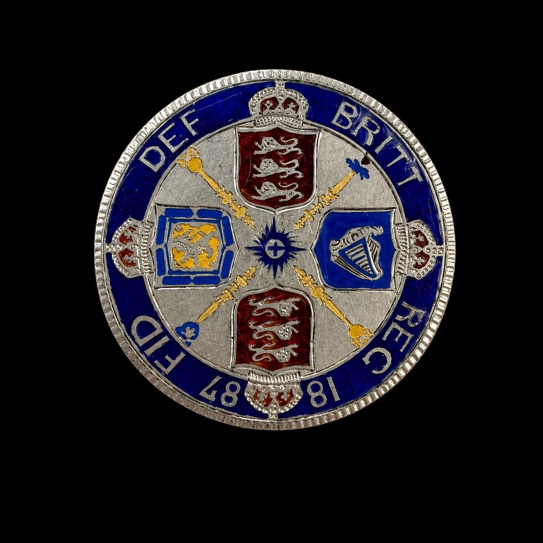 UNUSUAL ENAMELED DOUBLE FLORIN BROOCH, 1887. (1 of 1)