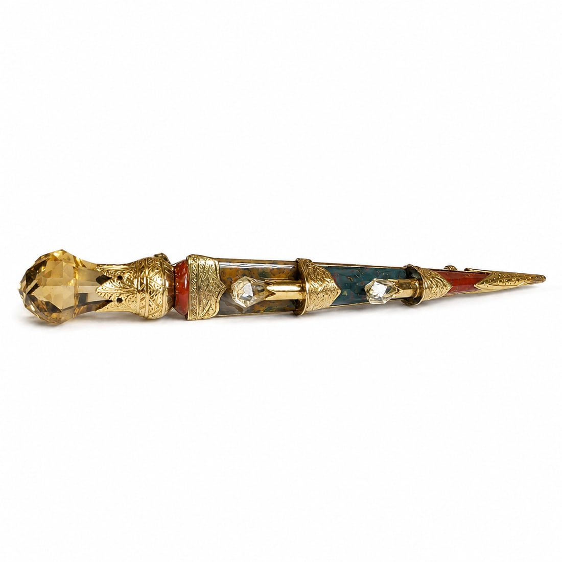 UNUSUAL SCOTTISH HARDSTONE BROOCH: UNUSUAL SCOTTISH HARDSTONE BROOCH,14.1 grams, testing high carat gold.Hardstones including citrine.L. 9.4 cm.