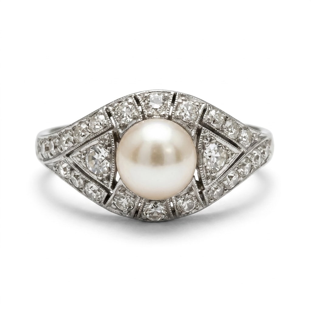 FINE ART-DECO PEARL AND DIAMOND RING: FINE ART-DECO PEARL AND DIAMOND RING,Testing high carat gold.Lovely pearl with good lustre (untested).Diamonds bright and lively.Size O.