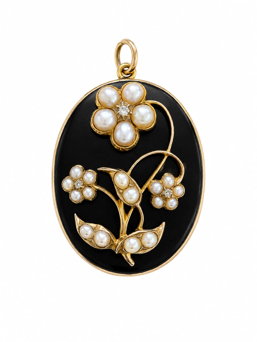 GOLD ANTIQUE ENAMEL, PEARL AND DIAMOND BROOCH PENDANT: GOLD ANTIQUE ENAMEL, PEARL AND DIAMOND BROOCH PENDANT 10.5 grams in good condition L 4 cm W 2.5 cm