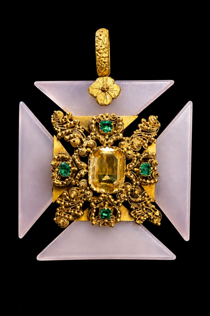 ANTIQUE HARDSTONE MALTESE CROSS GOLD PENDANT: ANTIQUE HARDSTONE MALTESE CROSS GOLD PENDANT,16 grams.The centre set with a lovely topaz.Rich and vibrant emeralds.Locket back.L. 4.9 cm.