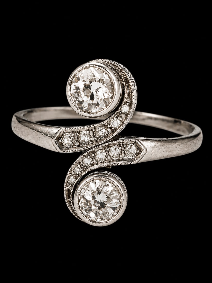 ART-DECO DIAMOND TOI-ET-MOI TWIST RING: ART-DECO DIAMOND TOI-ET-MOI TWIST RING,testing platinum.Diamonds bright and lively.Size N.